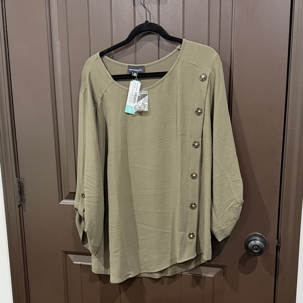 Olive Green Button-Accent Blouse